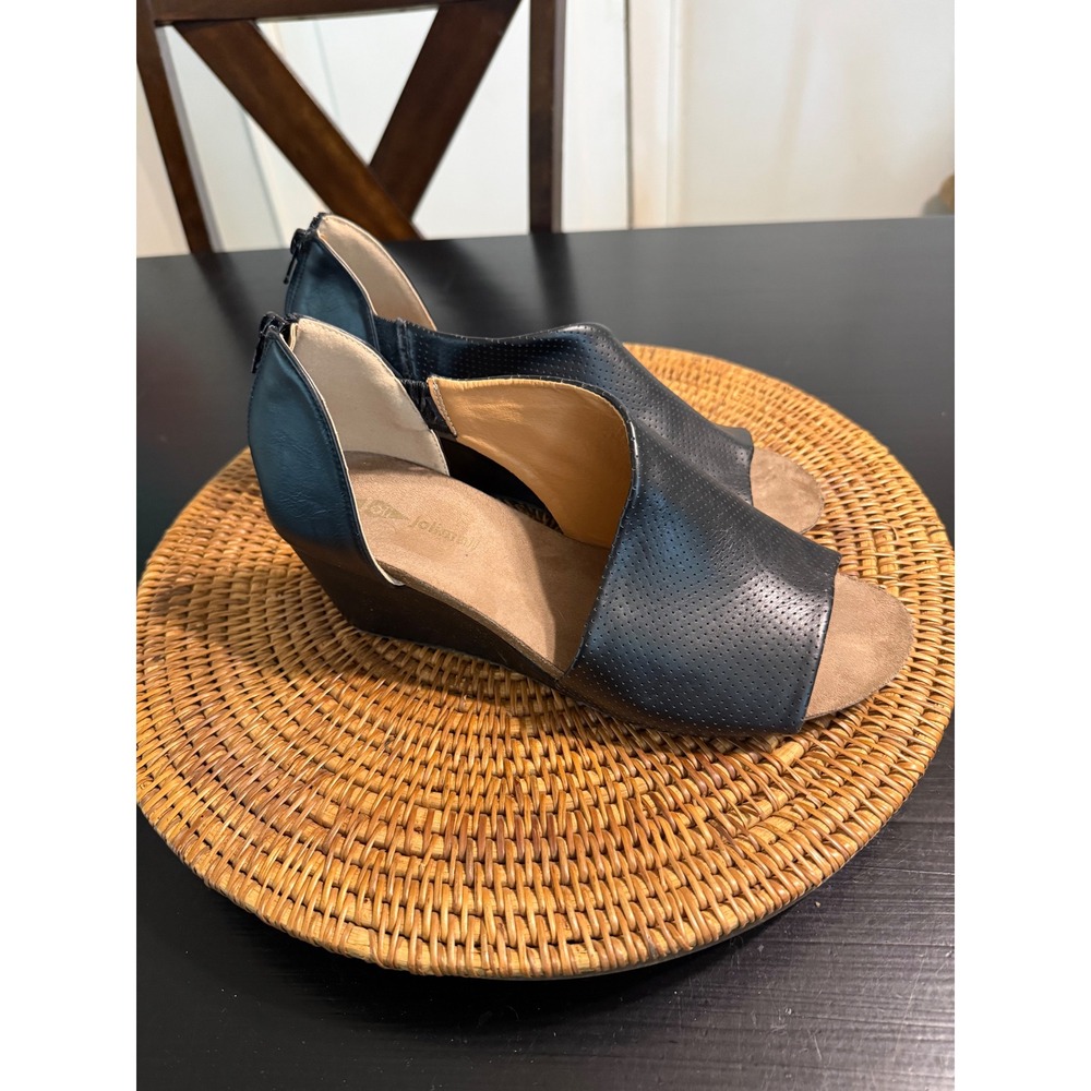 Jolimall  Black Perforated Wedge Sandals Peep Toe Back Zip Womens 9